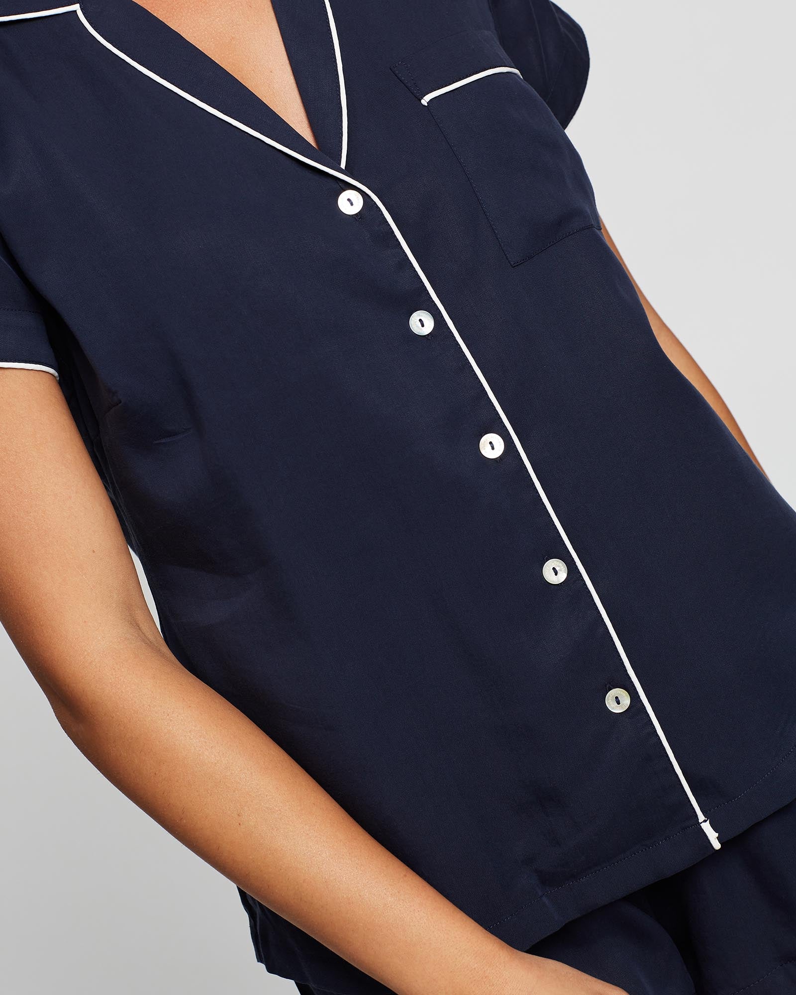 Eva Short Tencel™ Womens Personalised Pyjama Set Navy With White Piping | Homebodii