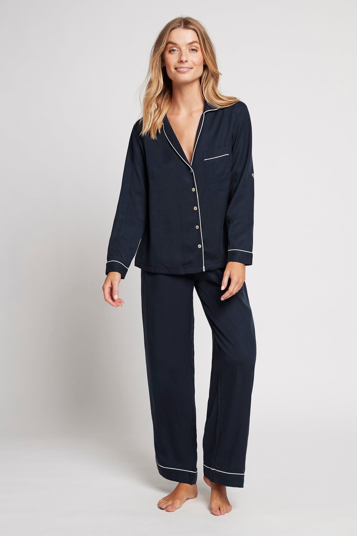 Eva Long Tencel™ Womens Personalised Pyjama Set Navy With White Piping | Homebodii