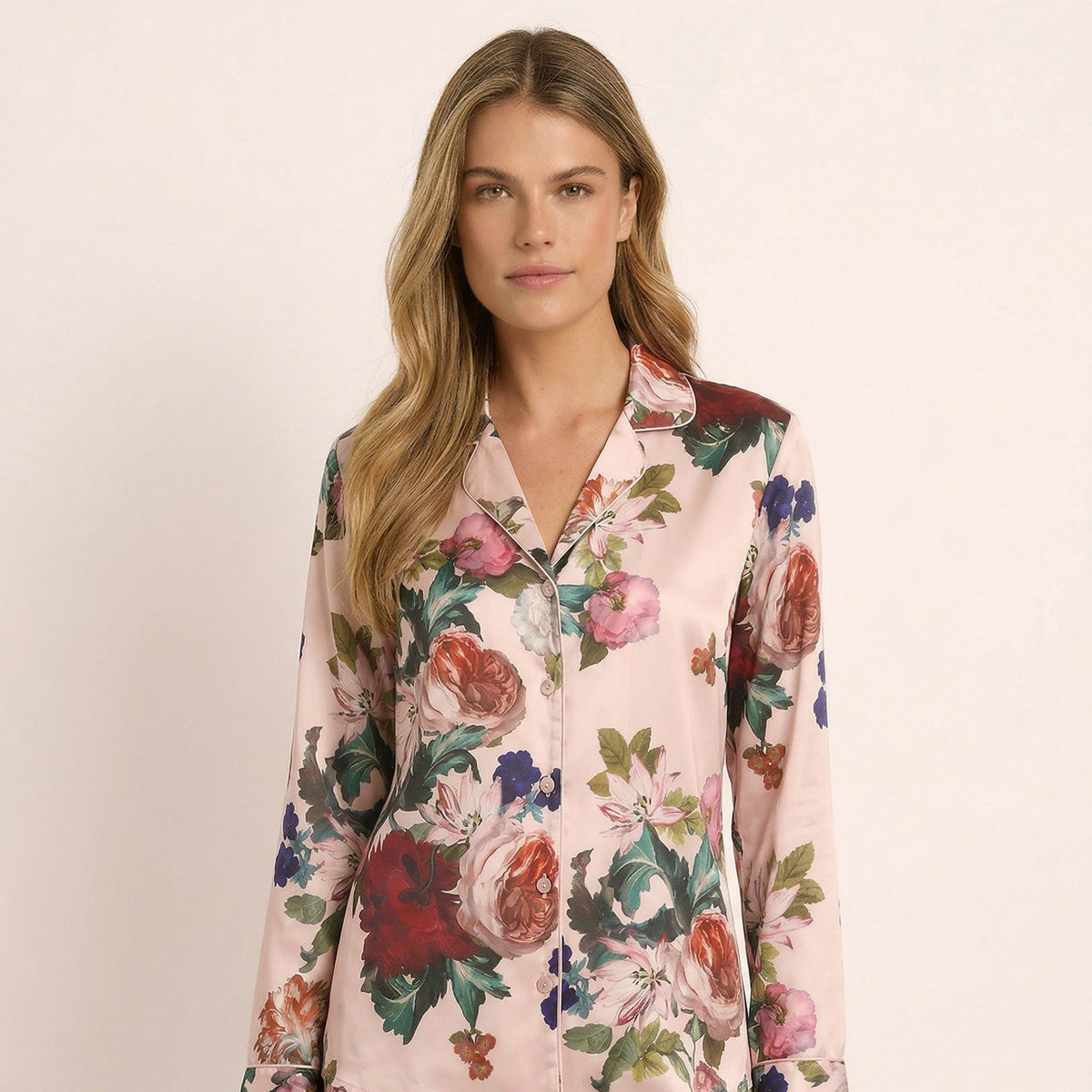 Aurora Lounge Pyjama Set in rose print, at-home dressing