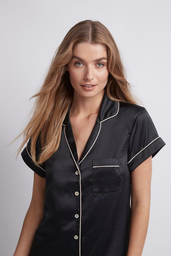 Classic Grace Short Pyjama Set - Black with Blush Piping
