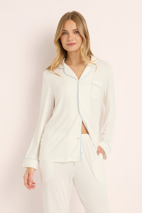 Mila Bamboo Lounge Pyjama Set – White with Blue