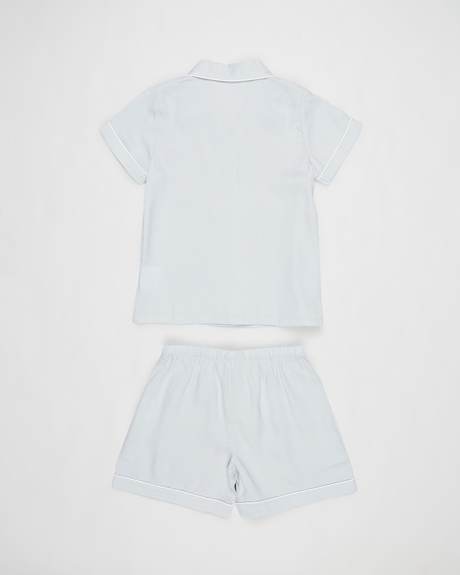 Eva Kids Short Tencel™ Personalised Pyjama Set  Eggshell Blue With White Piping | Homebodii