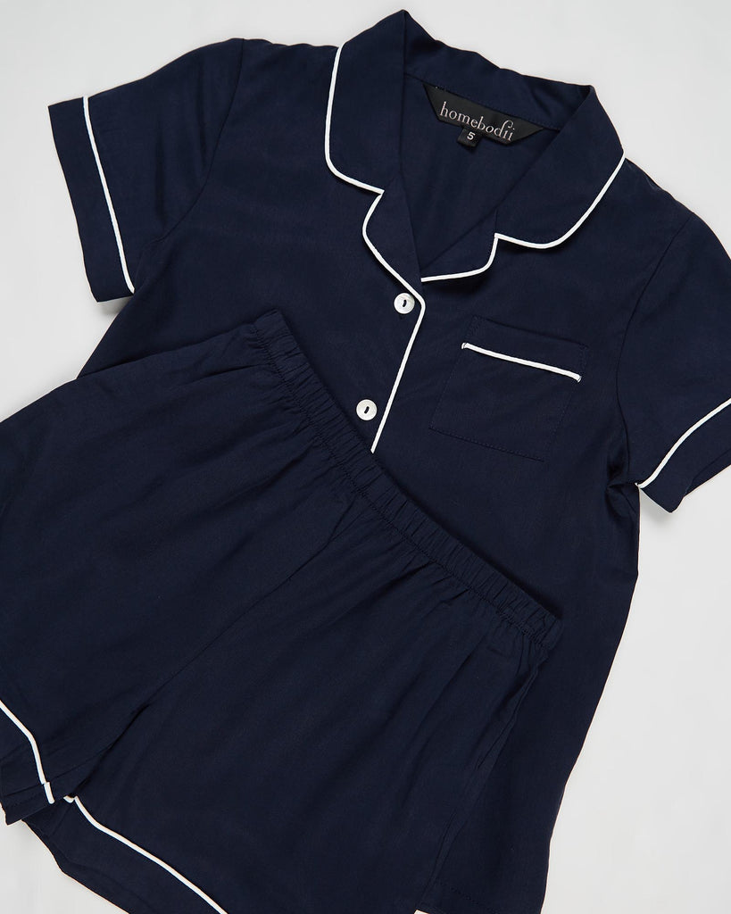 Eva Kids Short Tencel™ Personalised Pyjama Set  Navy With White Piping | Homebodii