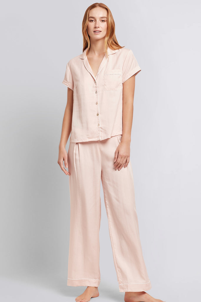 Eva Short Sleeve With Long Pant Tencel™  Womens Personalised Pyjama Set  Blush With White Piping | Homebodii