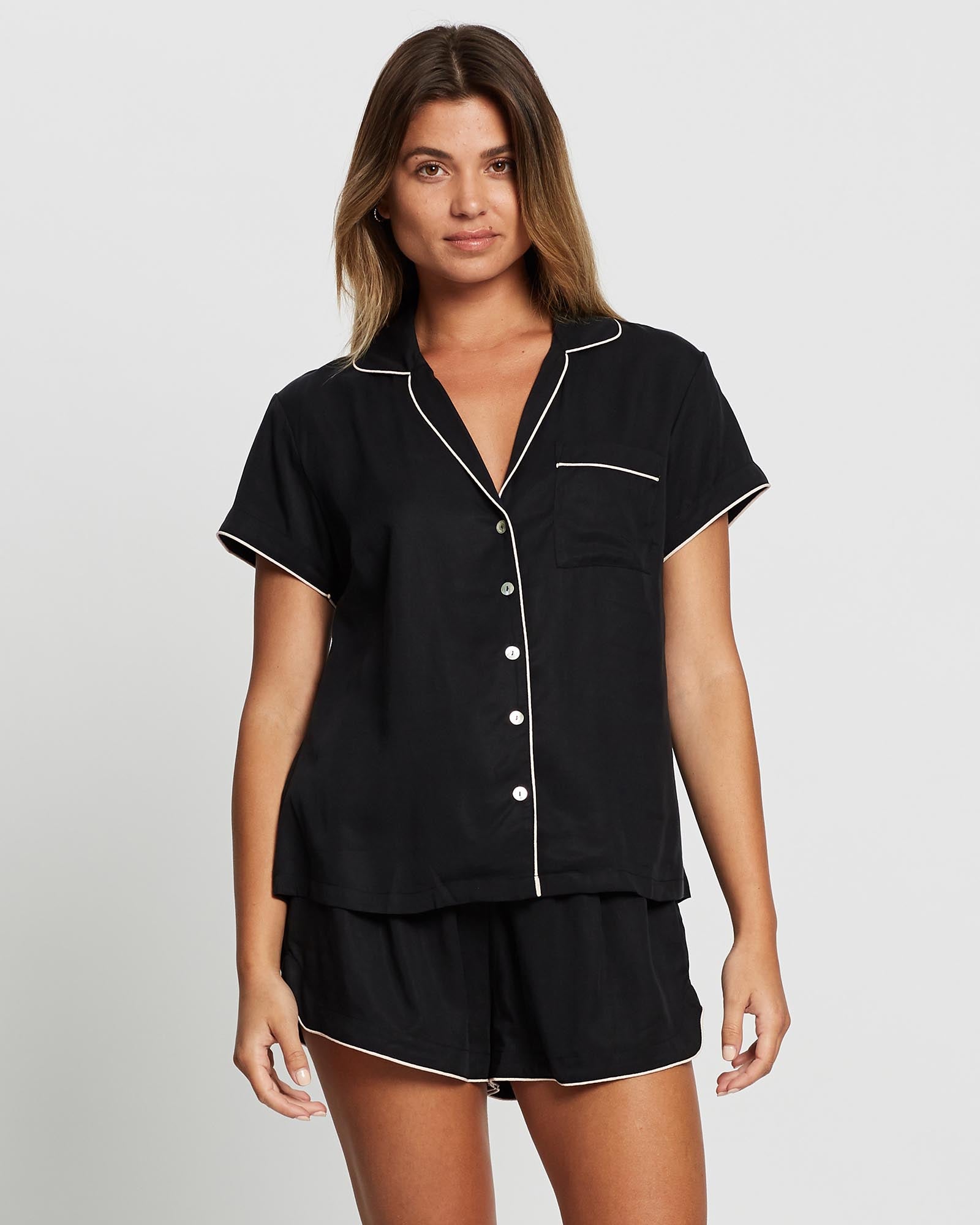 Eva Short Tencel™  Womens Personalised Pyjama Set  Black With Blush Piping | Homebodii