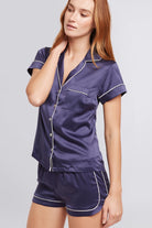 Grace Short Satin Personalised Pyjama set with Navy With White Piping | Homebodii