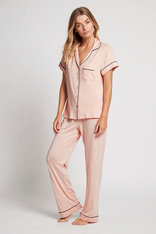 Petra Tencel™ Short Sleeve with Long Pant Pyjama Set - Blush with Black Piping