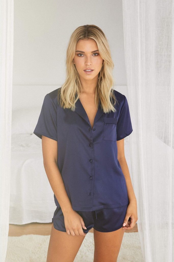 Toni Short Sleeve Personalised Satin Womens Pyjamas  Navy | Homebodii